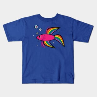 Rainbow Betta Fish with Heart-Filled Bubbles Kids T-Shirt